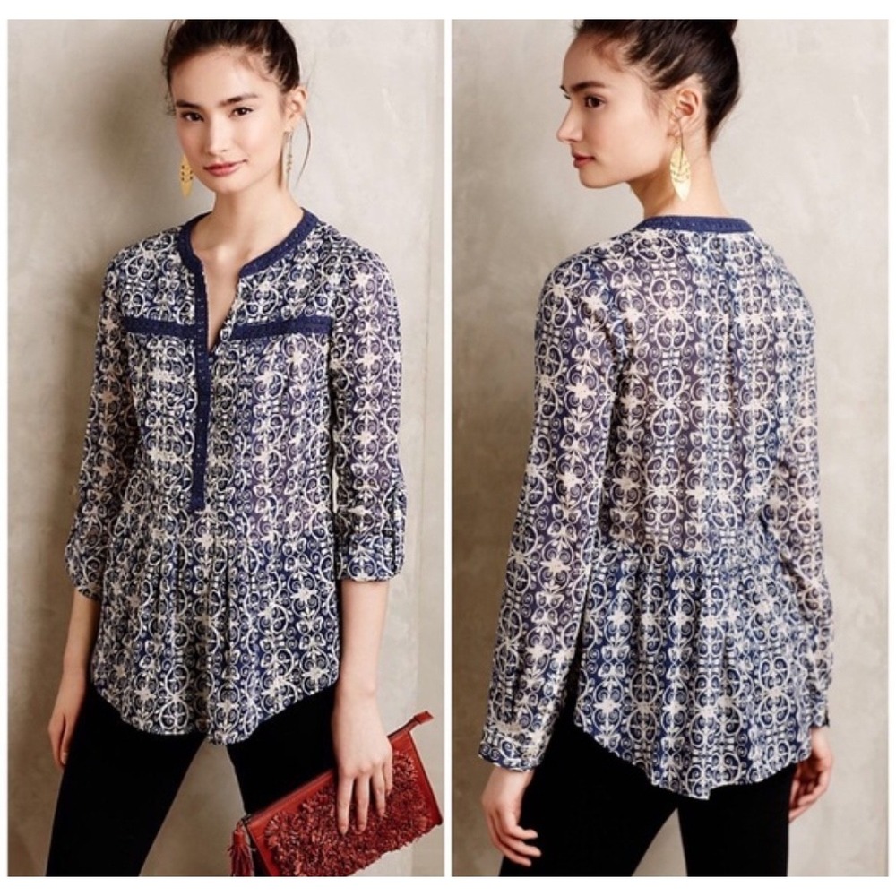 MAEVE ANTHROPOLOGIE Abella Pintuck Blouse Blue Cream Ivory Boho Long Sleeve Sz 2